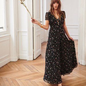 Sezane Michelle Dress Maxi Wrap - Imprimé Fleurs Colorées Fond Noir